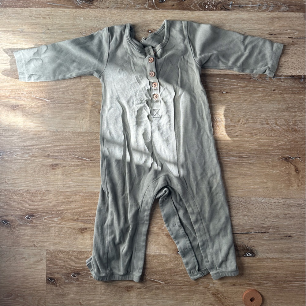 sage green henley romper Quincy Mae 18-24m organic cotton